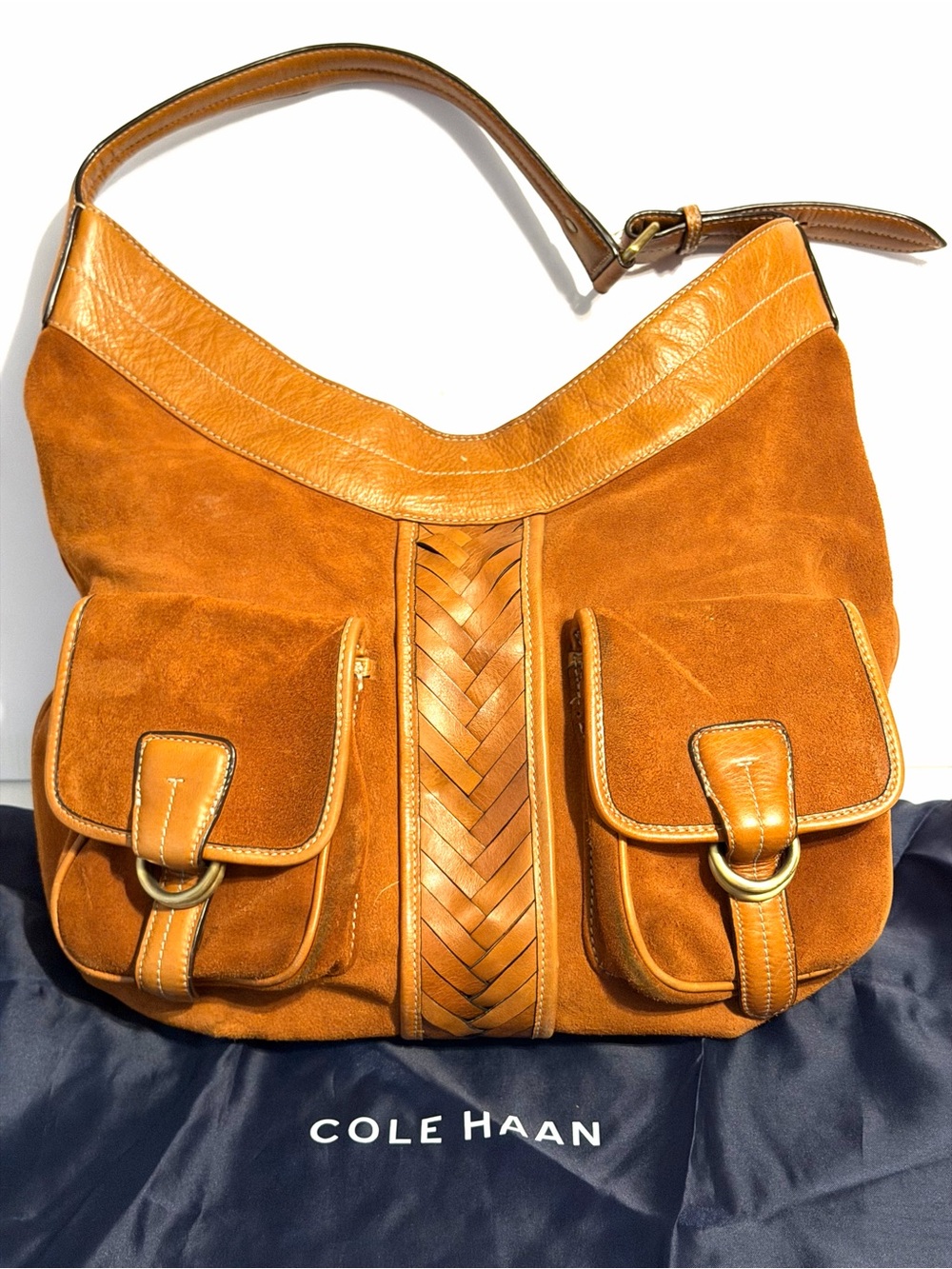 Cole Haan Tan Suede Shoulder Bag with Braided Front